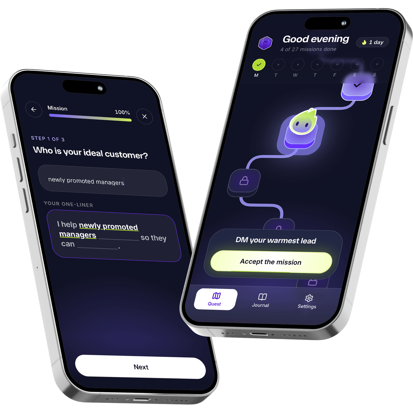 Two iPhones running Winside: a mission asking who your ideal customer is, and the map with the next mission, DM your warmest lead, ready to accept.