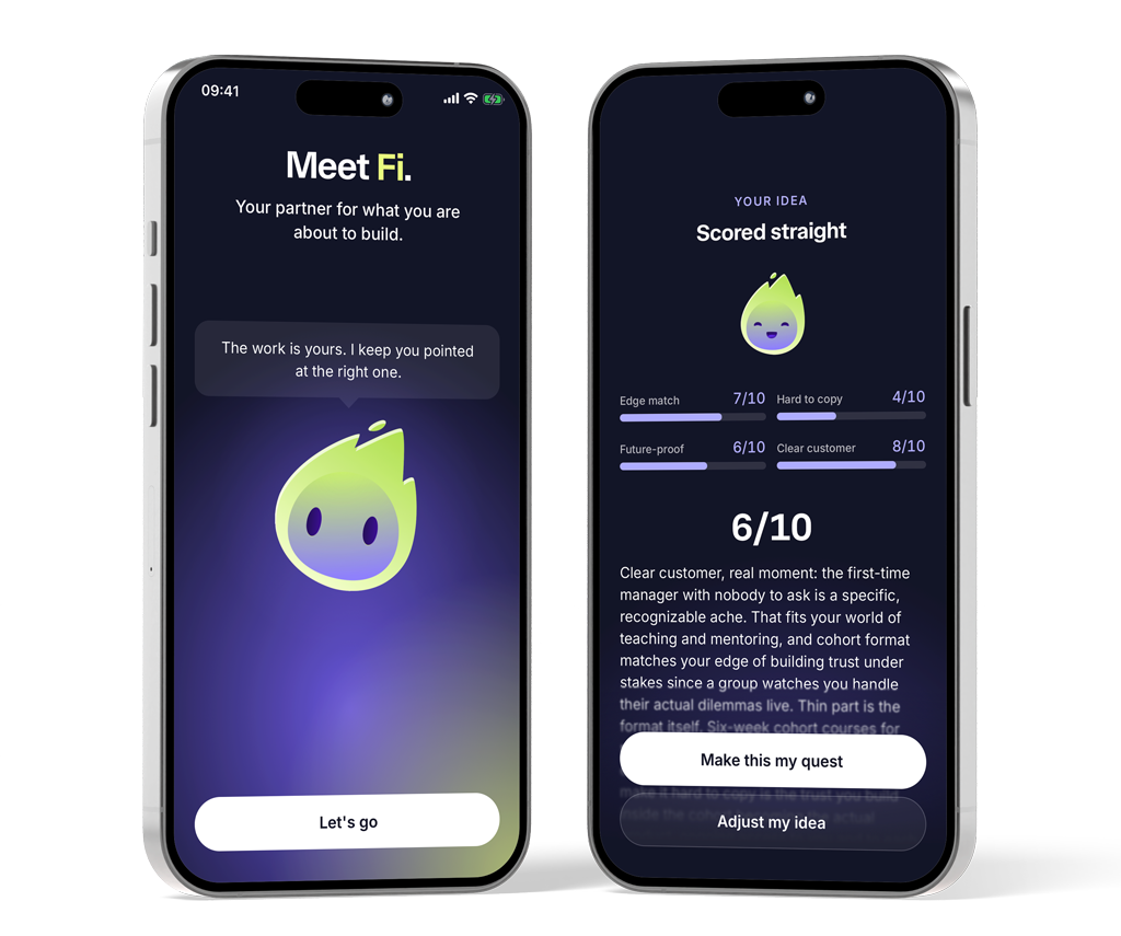 Two iPhones: Meet Fi, your partner for what you are about to build, and an idea scored straight, 6 out of 10, with the reasons.
