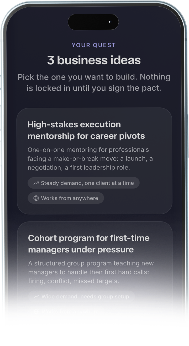 Three business ideas drawn from the profile, each with a line on demand and where it can be run from.