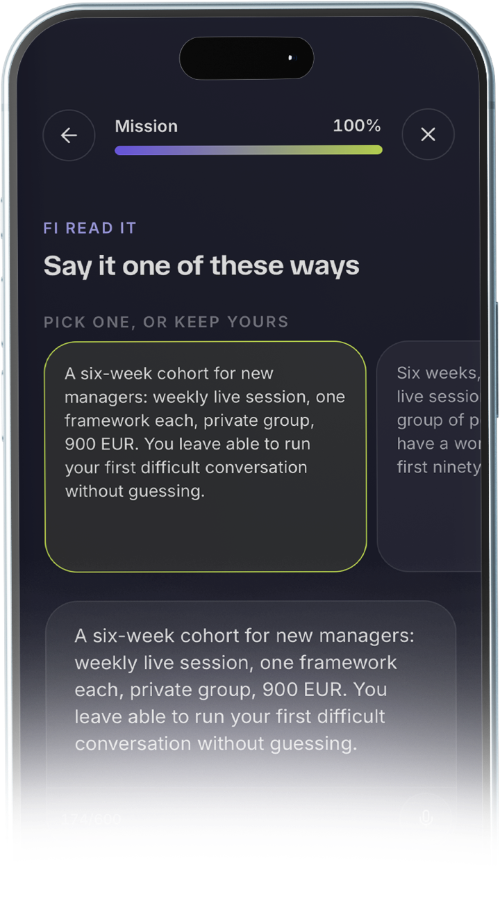 A mission screen: Fi read the answer and offers two ways to say it, and a Mark it done button.